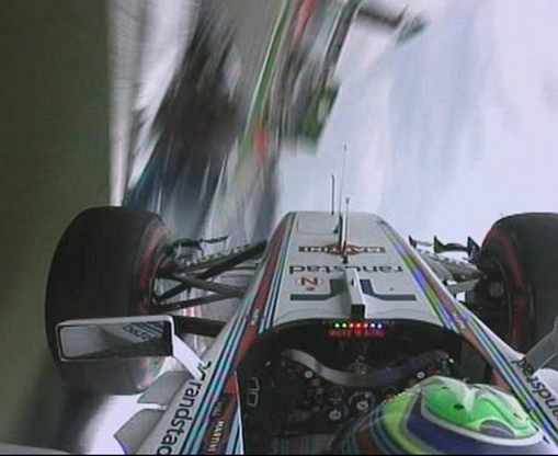 Visão da câmera do carro de Felipe Massa durante o seu acidente. FOTO: formula1.com.
