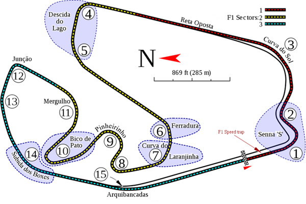 Atual traçado do Circuito de Interlagos onde se realiza o GP do Brasil. FOTO: pt.wikipedia.org