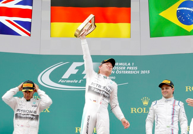 Nico Rosberg vence o GP da Áustria, com Lewis Hamilton em segundo e Felipe Massa da Williams em terceiro. FOTO: Reuters.