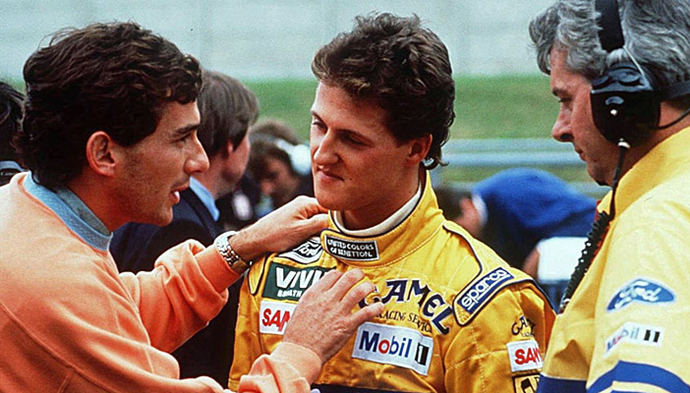 Senna e Schumacher durante a temporada de 1992 da Fórmula 1. Provavelmente seria a nova grande rivalidade na Fórmula 1 caso Senna não tivesse morrido em Ímola em 1994. FOTO: globoesporte.com