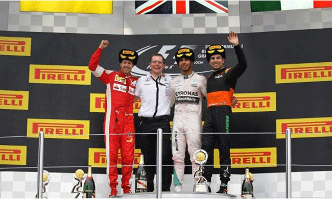Lewis Hamilton vence o GP da Rússia, com Sebastian Vettel em segundo e Sergio Pérez em terceiro. FOTO: formula1.com.