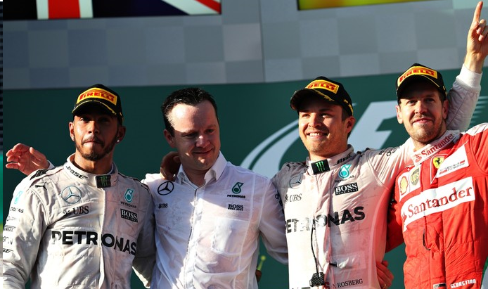 Nico Rosberg vence a primeira na atual temporada com Lewis Hamilton em segundo e Sebastian Vettel. FOTO: Getty Images.