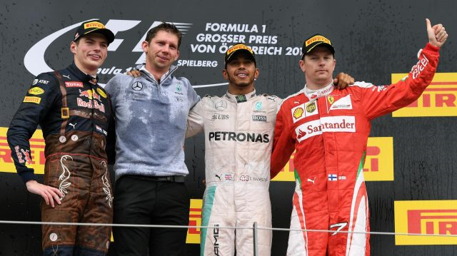 Lewis Hamilton vence na Áustria, com Max Verstappen em segundo e Kimi Raikkonen em terceiro. FOTO: formula1.com