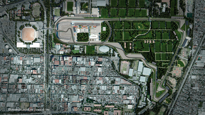 Vista aérea do atual traçado do Autódromo Hermanos Rodríguez onde se realiza o GP do México desde 1963. FOTO: www.f1fanatic.co.uk